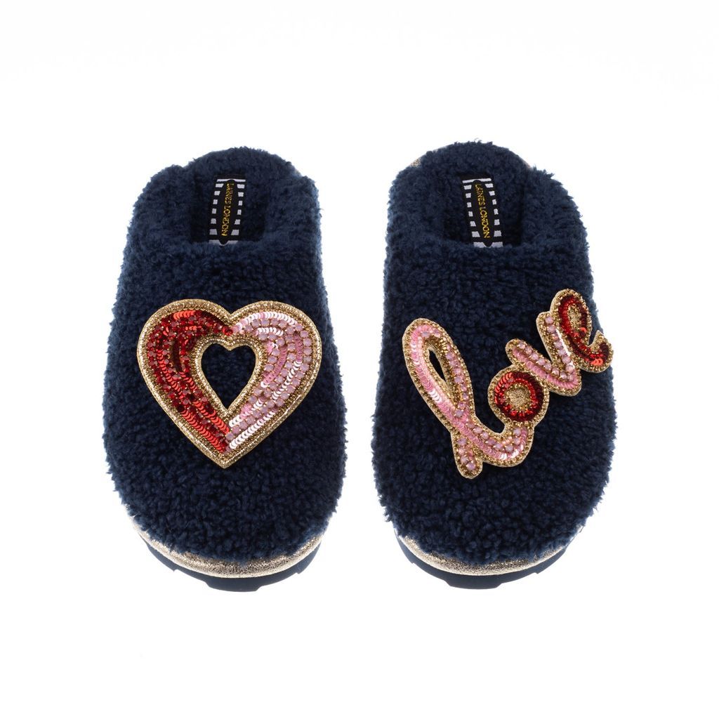 Women's Blue Teddy Towelling Closed Toe Slippers With Heart & Love Brooches -Navy Small LAINES LONDON