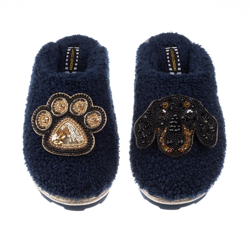Women's Blue Teddy Towelling Closed Toe Slippers With Little Sausage & Paw Brooch - Navy Small LAINES LONDON