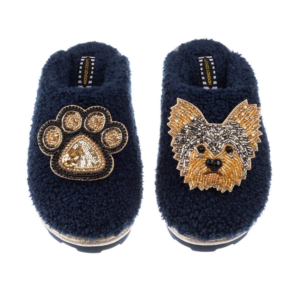 Women's Blue Teddy Towelling Closed Toe Slippers With Minnie Yorkie & Paw Brooches - Navy Small LAINES LONDON