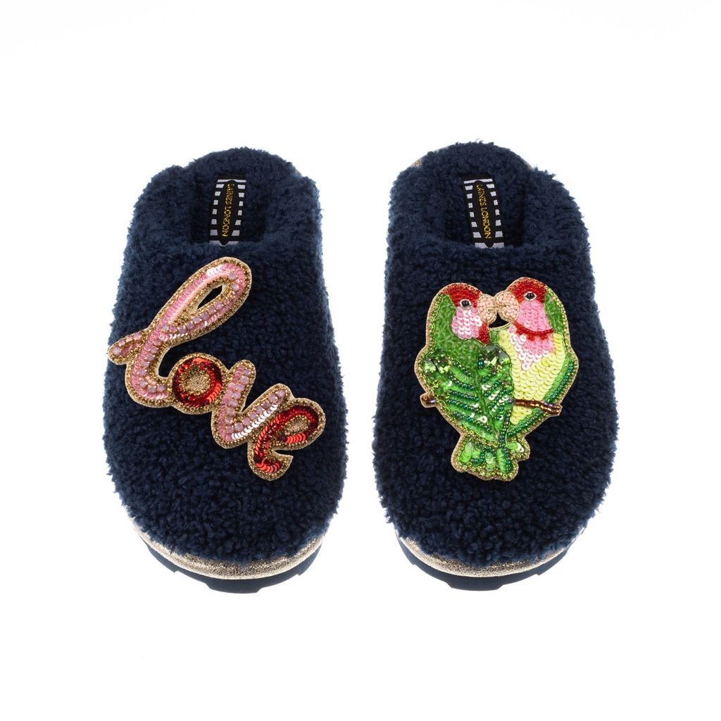 Women's Blue Teddy Towelling Closed Toe Slippers With Love & Love Birds Brooches - Navy Small LAINES LONDON