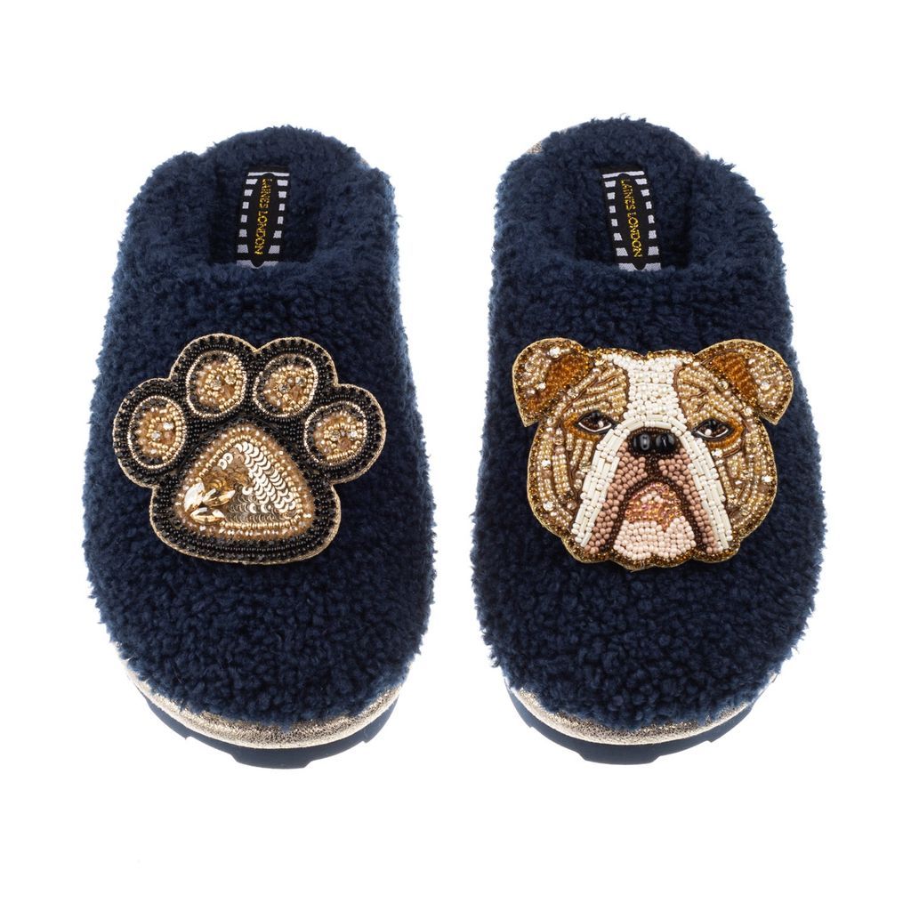 Women's Blue Teddy Towelling Closed Toe Slippers With Mr Beefy Bulldog & Paw Brooch - Navy Small LAINES LONDON