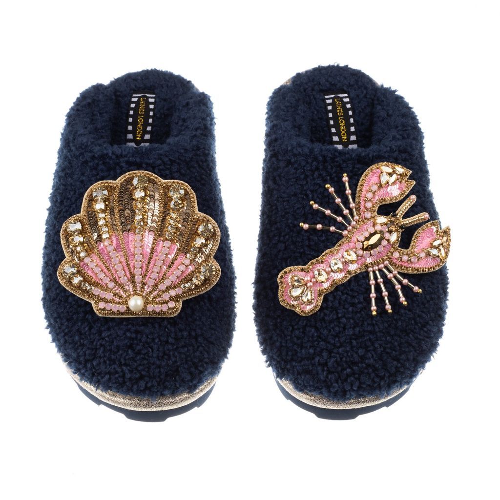 Women's Blue Teddy Towelling Closed Toe Slippers With Pink Lobster & Pink & Gold Shell - Navy Small LAINES LONDON