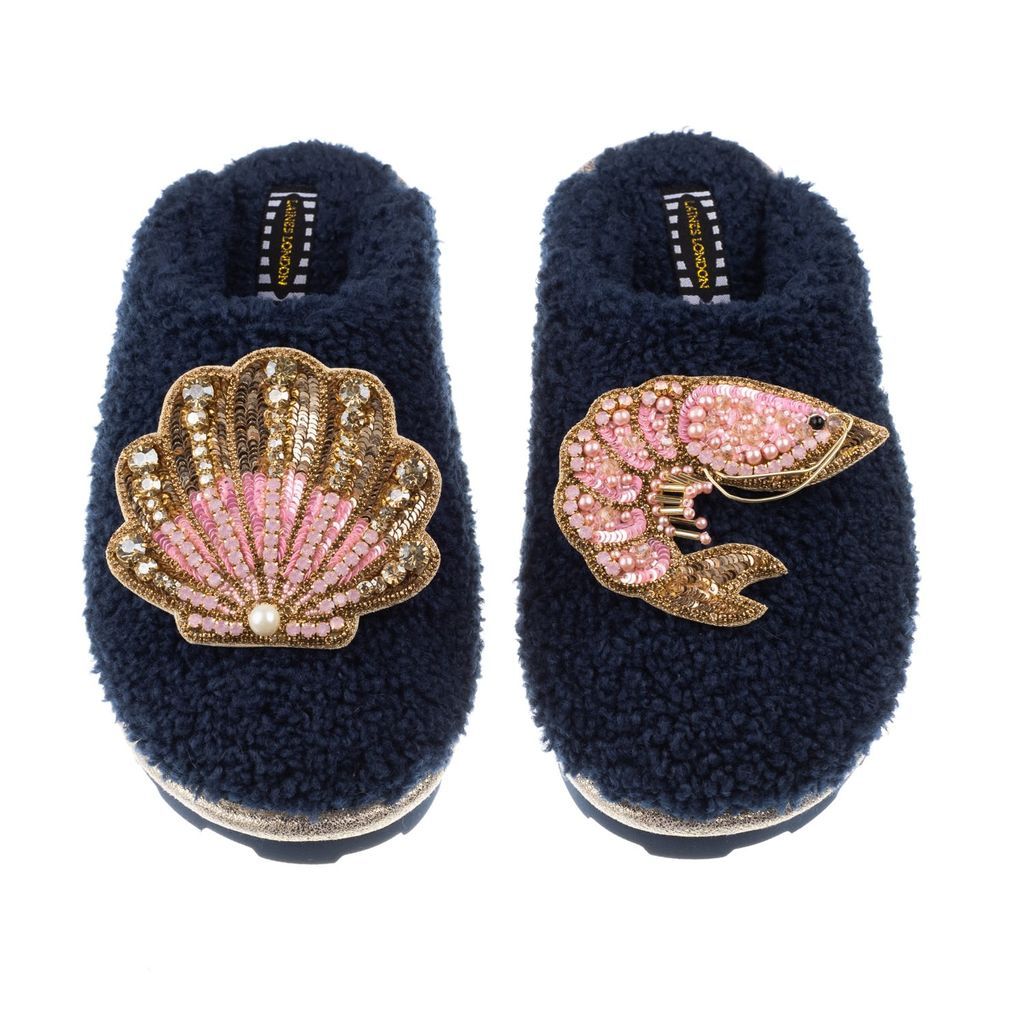 Women's Blue Teddy Towelling Closed Toe Slippers With Pink Prawn & Pink & Gold Shell Brooches - Navy Small LAINES LONDON
