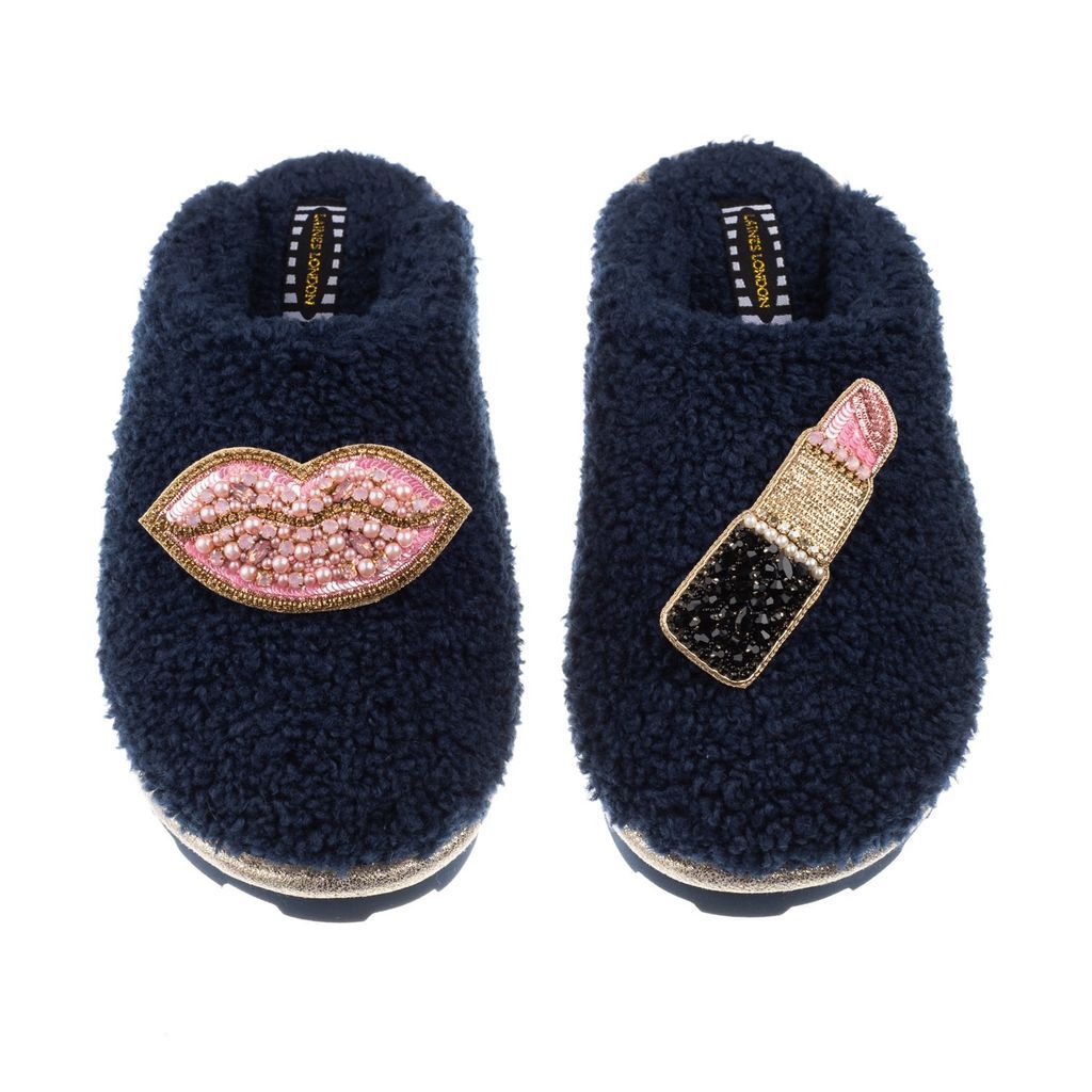 Women's Blue Teddy Towelling Closed Toe Slippers With Pink Pucker Up Brooches - Navy Small LAINES LONDON
