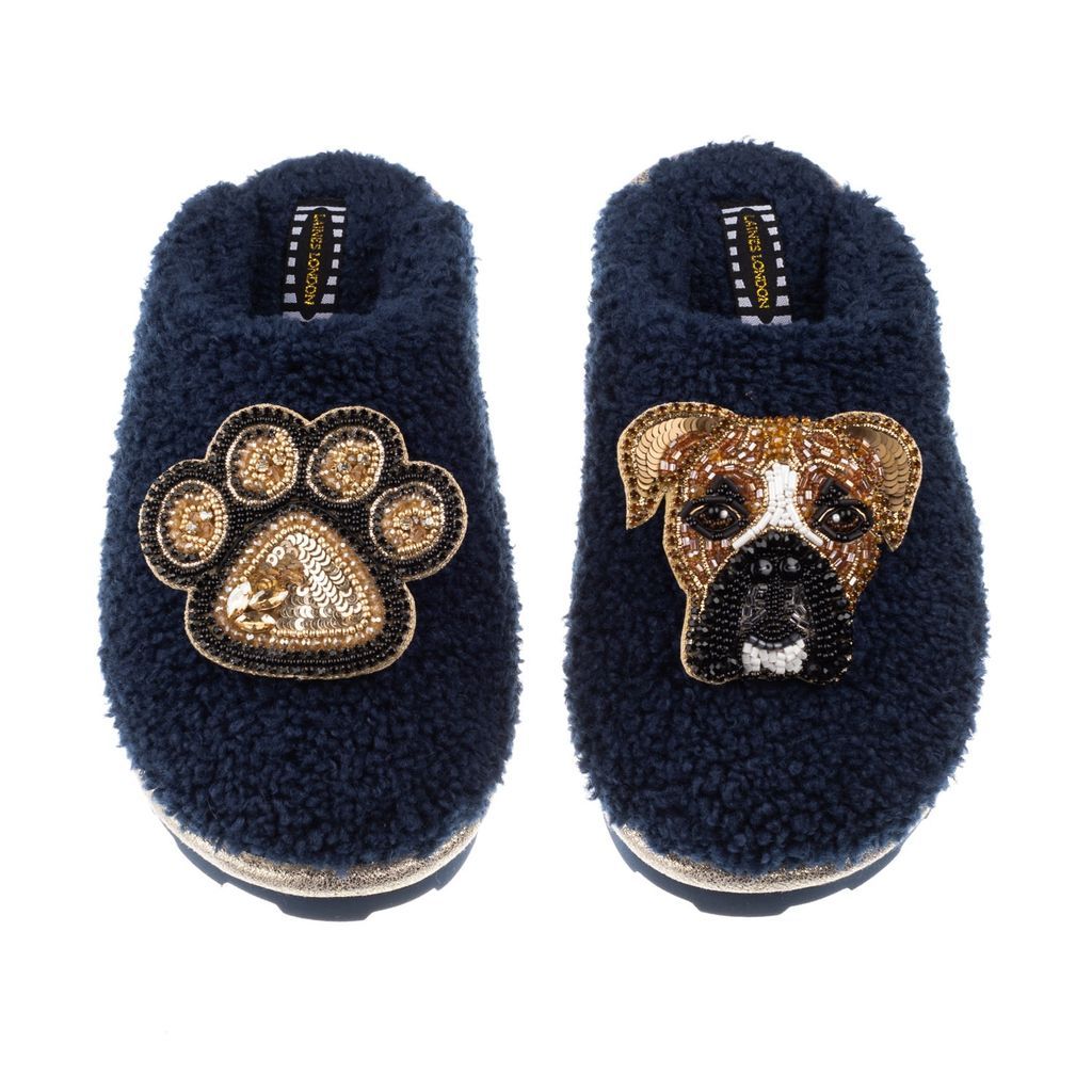 Women's Blue Teddy Towelling Closed Toe Slippers With Pip The Box & Paw Print Brooches - Navy Small LAINES LONDON