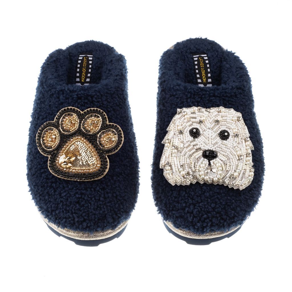 Women's Blue Teddy Towelling Closed Toe Slippers With Queenie & Paw Brooch - Navy Small LAINES LONDON