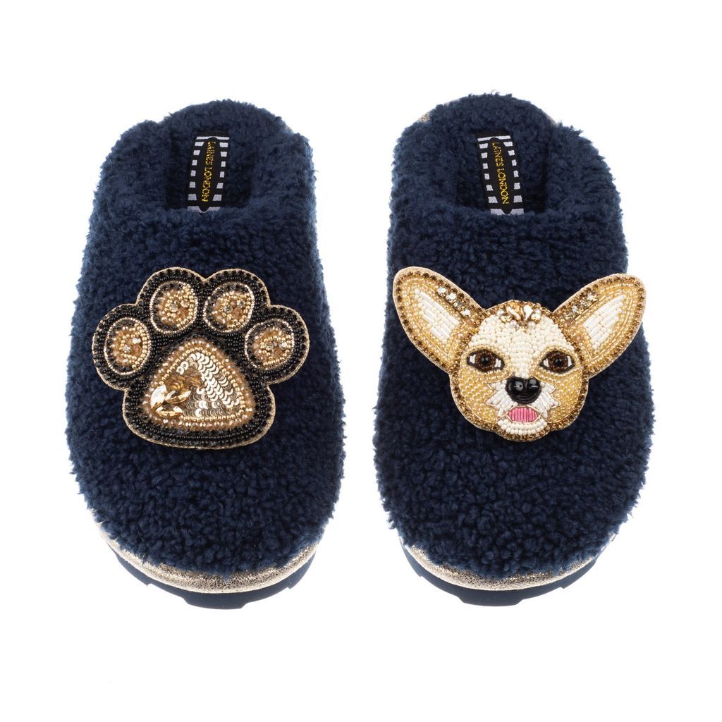 Women's Blue Teddy Towelling Closed Toe Slippers With Princess Chihuahua & Paw Brooches - Navy Small LAINES LONDON