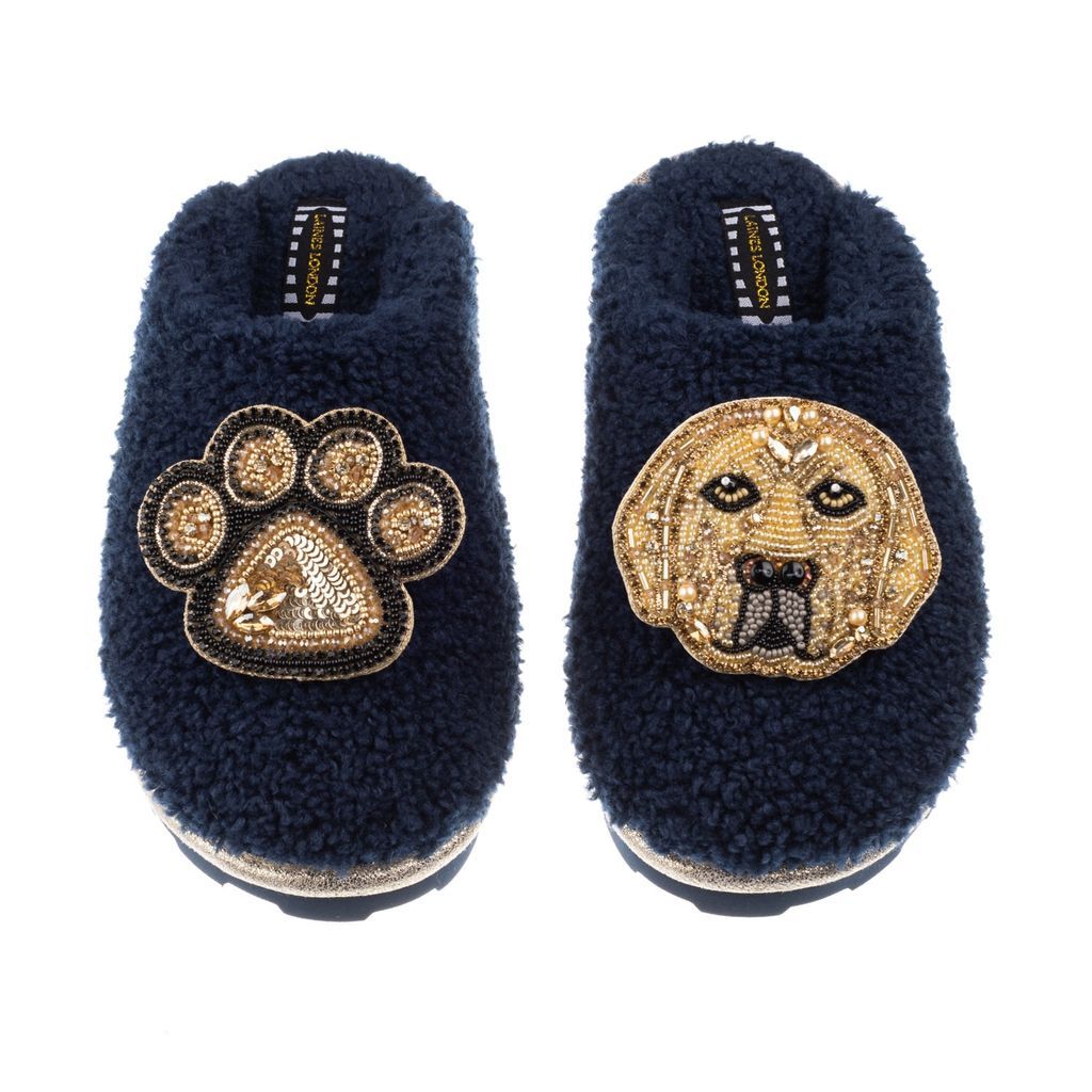 Women's Blue Teddy Towelling Closed Toe Slippers With Skip & Paw Brooch - Navy Small LAINES LONDON