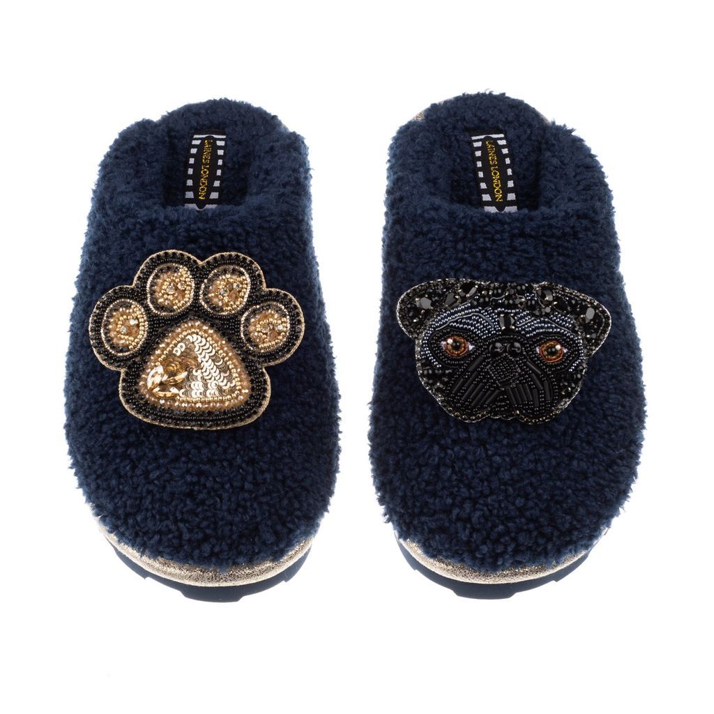 Women's Blue Teddy Towelling Closed Toe Slippers With Snoopy & Paw Brooch - Navy Small LAINES LONDON