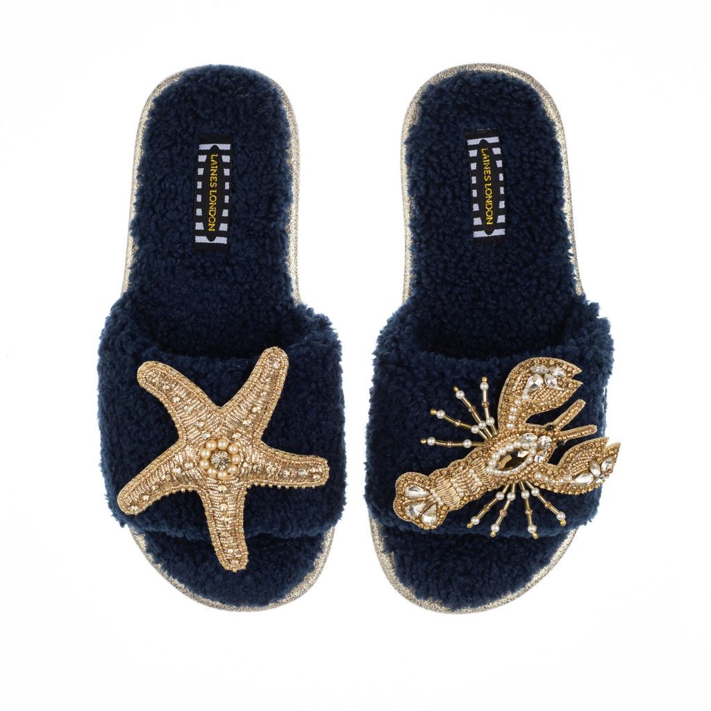 Women's Blue Teddy Towelling Sliders With Gold Pearl Lobster & Starfish Brooches - Navy Small LAINES LONDON