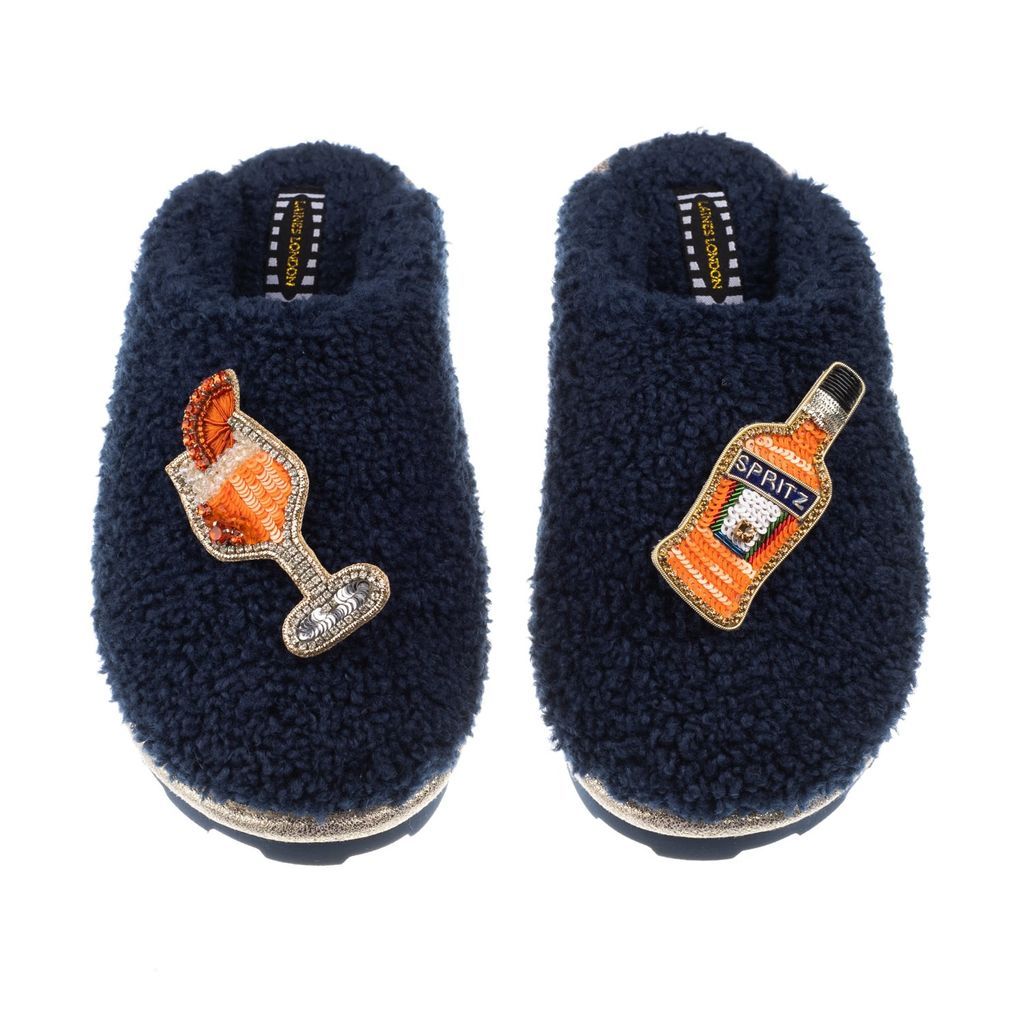 Women's Blue Teddy Towelling Closed Toe Slippers With Summer Spritz Brooches - Navy Small LAINES LONDON