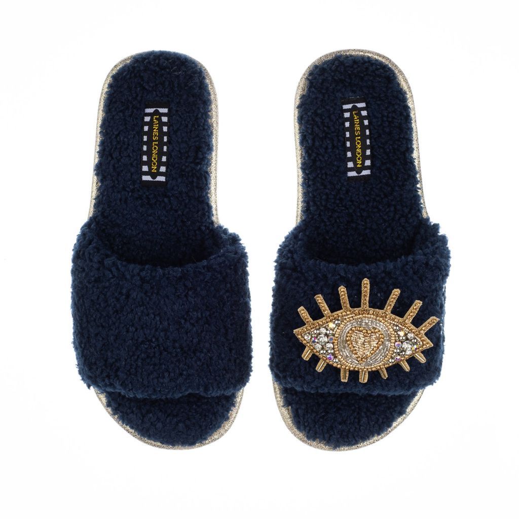 Women's Blue Teddy Towelling Slipper Sliders With Artisan Gold & Silver Eye - Navy Small LAINES LONDON