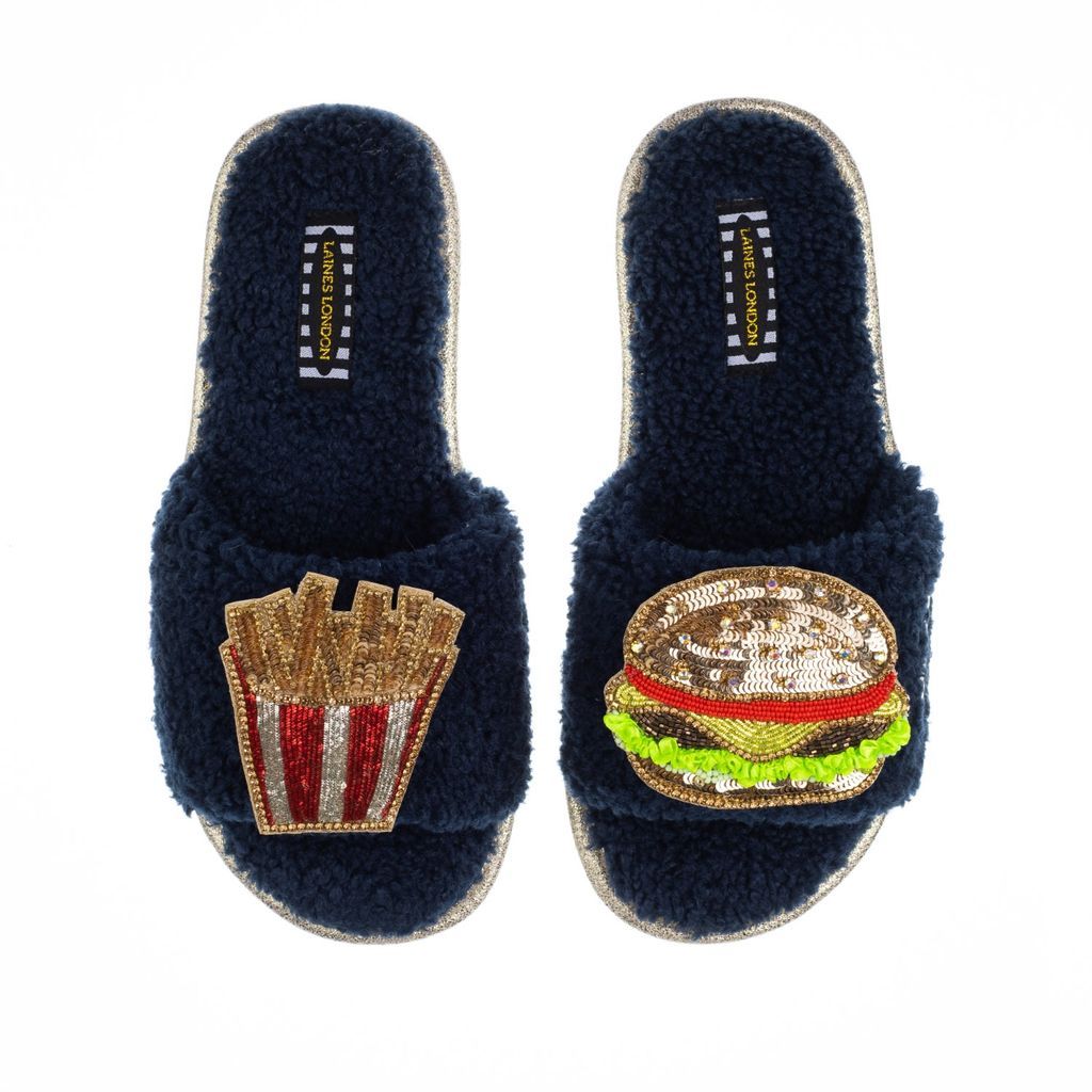 Women's Blue Teddy Towelling Slipper Sliders With Artisan Burger & Fries Brooches - Navy Small LAINES LONDON