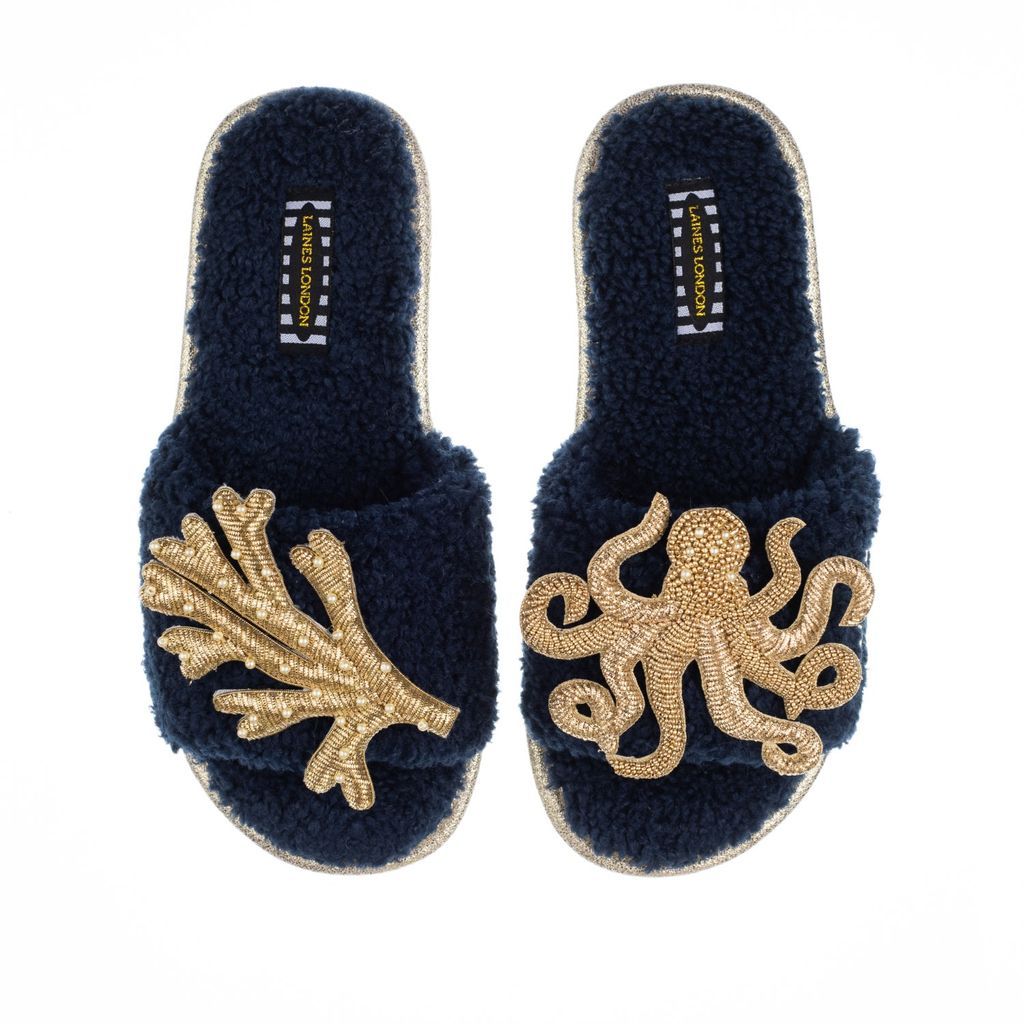 Women's Blue Teddy Towelling Slipper Sliders With Artisan Gold Octopus & Coral Brooches - Navy Small LAINES LONDON