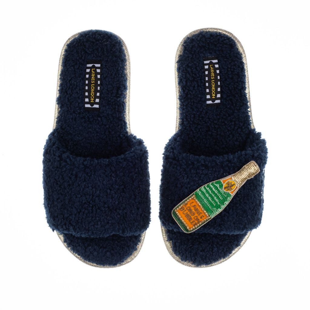 Women's Blue Teddy Towelling Slipper Sliders With Artisan Laines Champagne Brooch - Navy Small LAINES LONDON