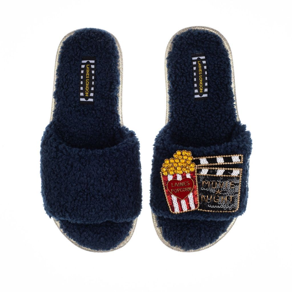 Women's Blue Teddy Towelling Slipper Sliders With Artisan Movie Night & Popcorn Brooch - Navy Small LAINES LONDON