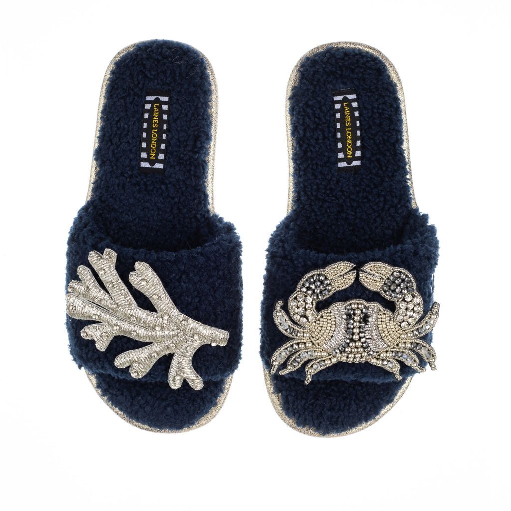 Women's Blue Teddy Towelling Slipper Sliders With Artisan Silver Crab & Coral Brooches - Navy Small LAINES LONDON