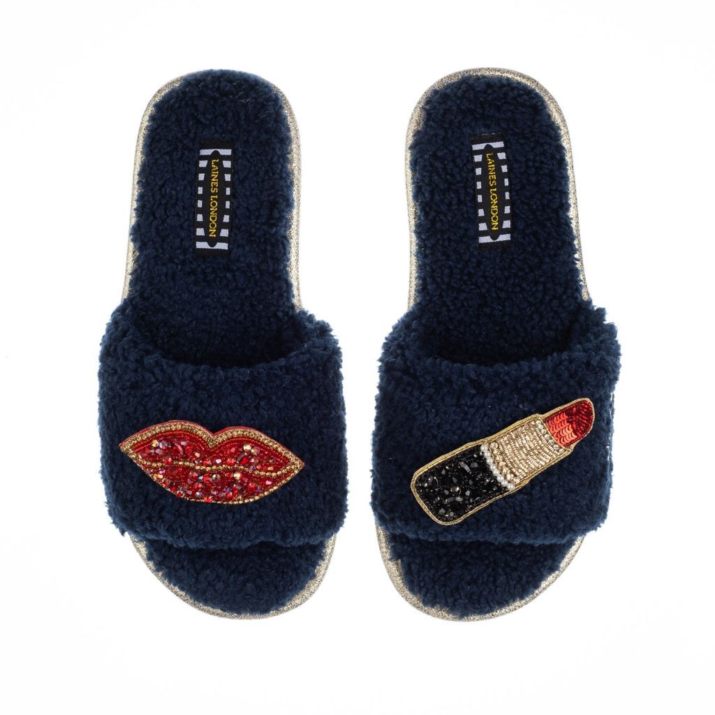 Women's Blue Teddy Towelling Slipper Sliders With Artisan Red Pucker Up Brooches - Navy Small LAINES LONDON