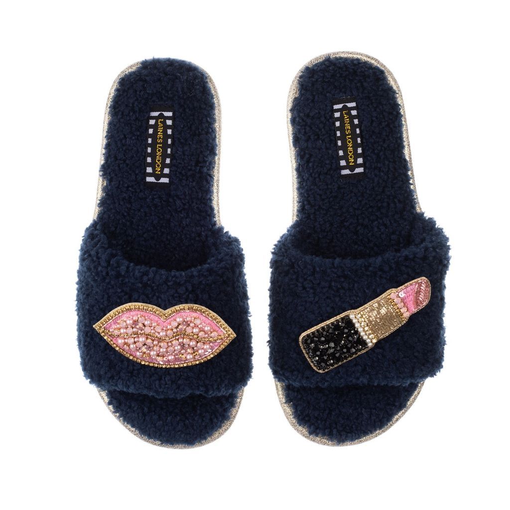 Women's Blue Teddy Towelling Slipper Sliders With Artisan Pink Pucker Up Brooches - Navy Small LAINES LONDON