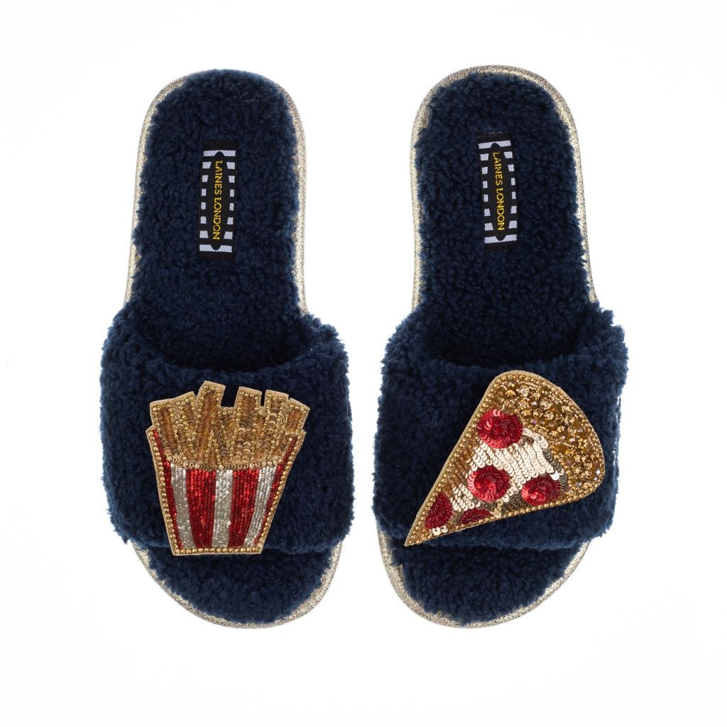Women's Blue Teddy Towelling Slipper Sliders With Artisan Pizza & Fries Brooches - Navy Small LAINES LONDON