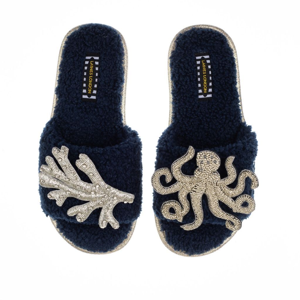 Women's Blue Teddy Towelling Slipper Sliders With Artisan Silver Octopus & Coral Brooches - Navy Small LAINES LONDON