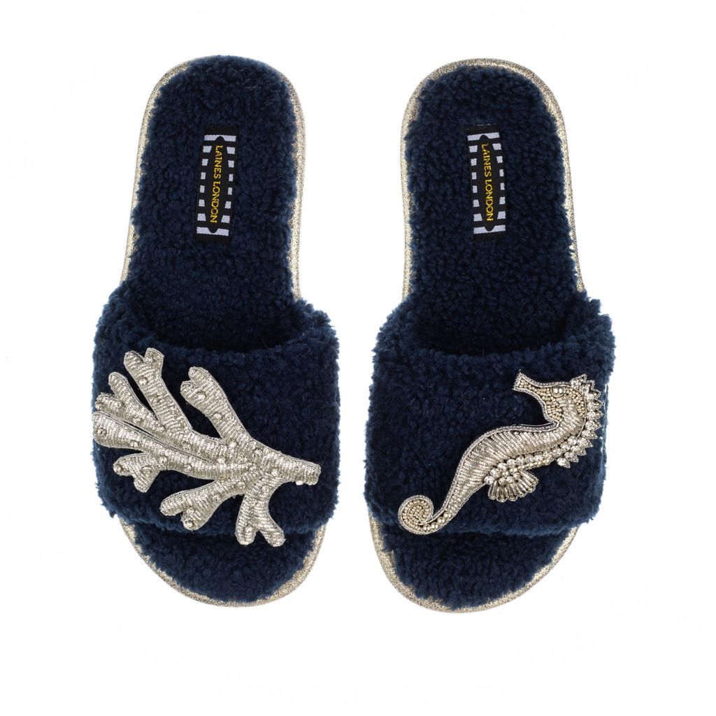 Women's Blue Teddy Towelling Slipper Sliders With Artisan Silver Seahorse & Coral Brooches - Navy Small LAINES LONDON