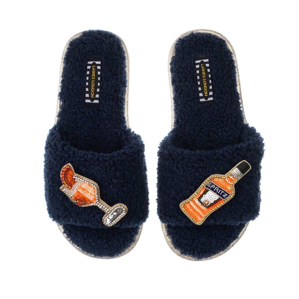 Women's Blue Teddy Towelling Slipper Sliders With Artisan Summer Spritz Brooches - Navy Small LAINES LONDON
