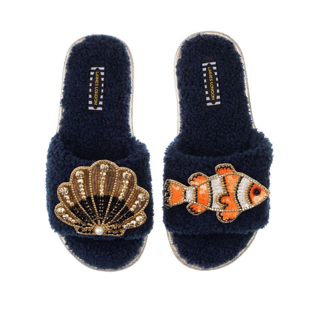 Women's Blue Teddy Towelling Slipper Sliders With Clown Fish & Black & Gold Shell Brooches - Navy Small LAINES LONDON