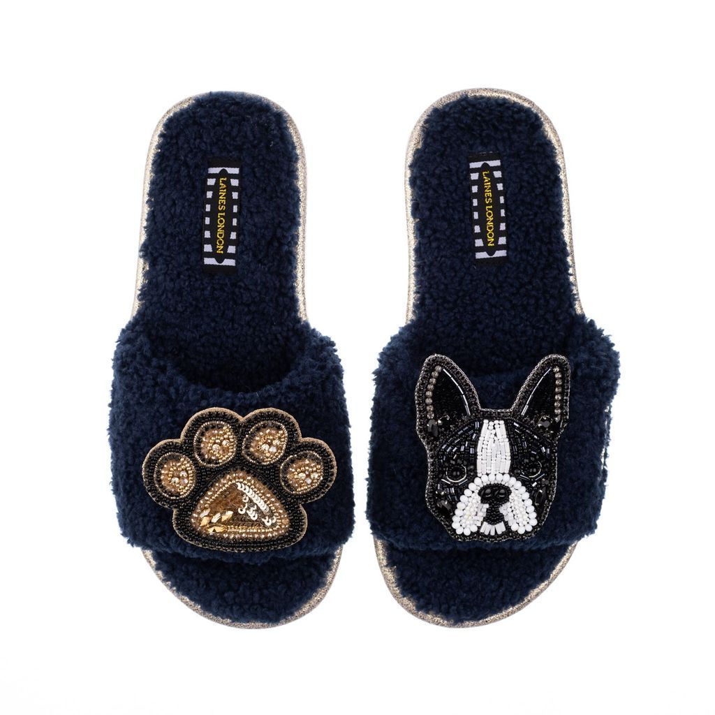 Women's Blue Teddy Towelling Slipper Sliders With Buddy Boston Terrier & Paw Brooches - Navy Small LAINES LONDON
