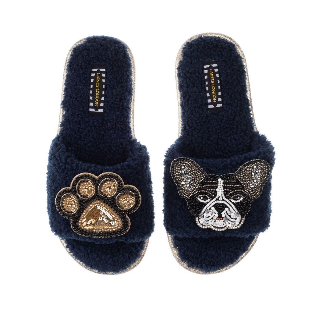Women's Blue Teddy Towelling Slipper Sliders With Coco & Paw Brooch - Navy Small LAINES LONDON