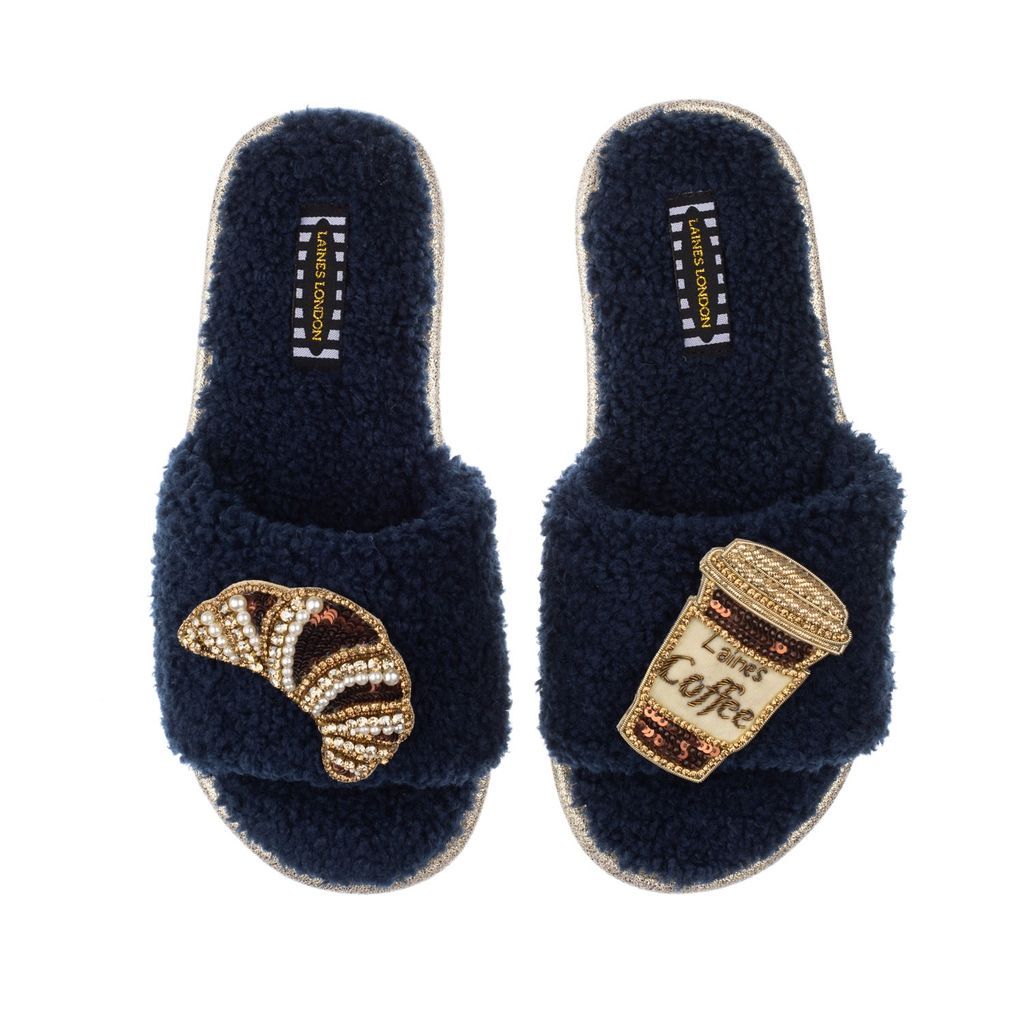 Women's Blue Teddy Towelling Slipper Sliders With Coffee & Croissant Brooches - Navy Small LAINES LONDON