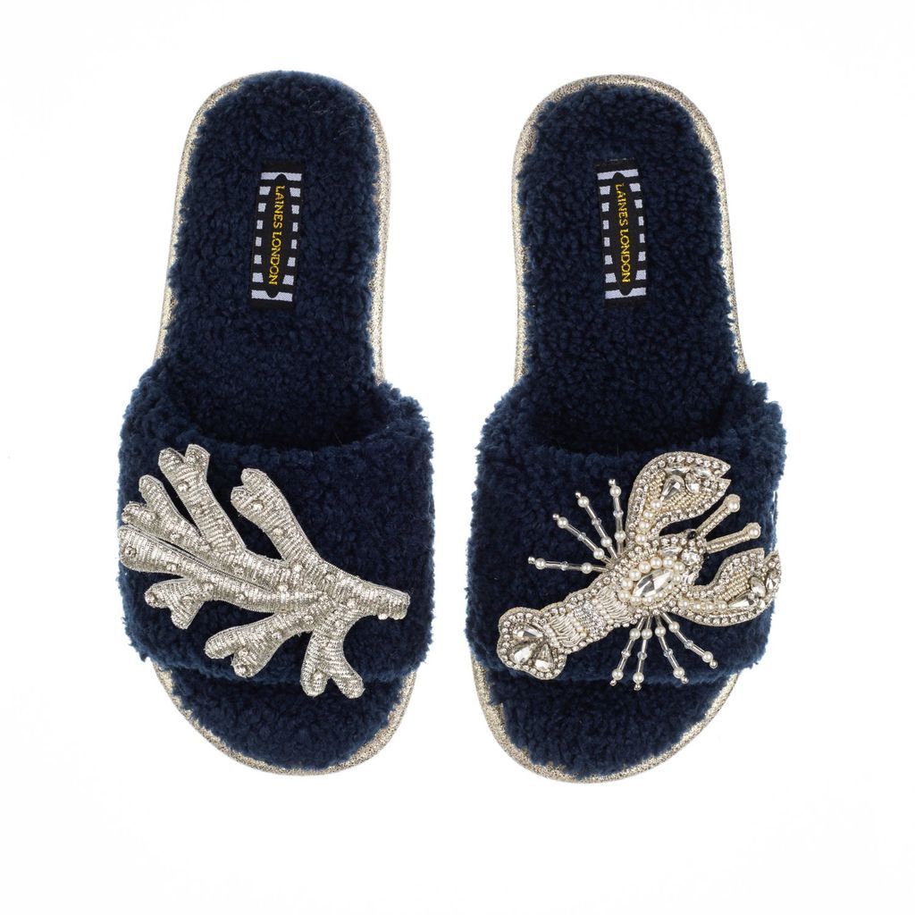 Women's Blue Teddy Towelling Slipper Sliders With Crystal Silver Lobster & Coral Brooches - Navy Small LAINES LONDON