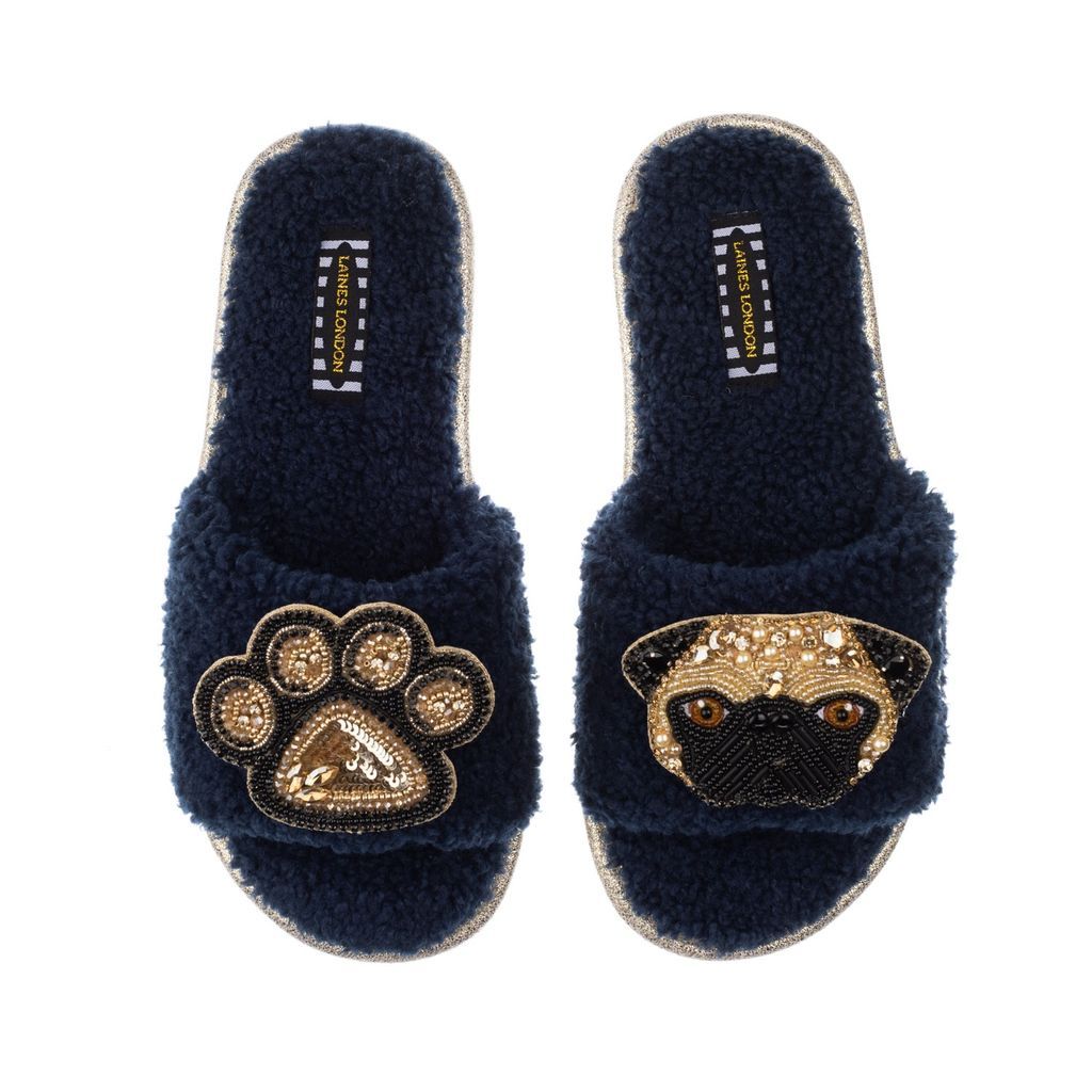 Women's Blue Teddy Towelling Slipper Sliders With Franki & Paw Brooch - Navy Small LAINES LONDON