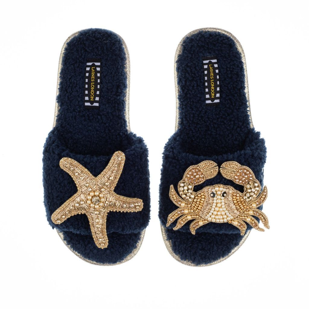 Women's Blue Teddy Towelling Slipper Sliders With Gold Crab & Starfish Brooches - Navy Small LAINES LONDON