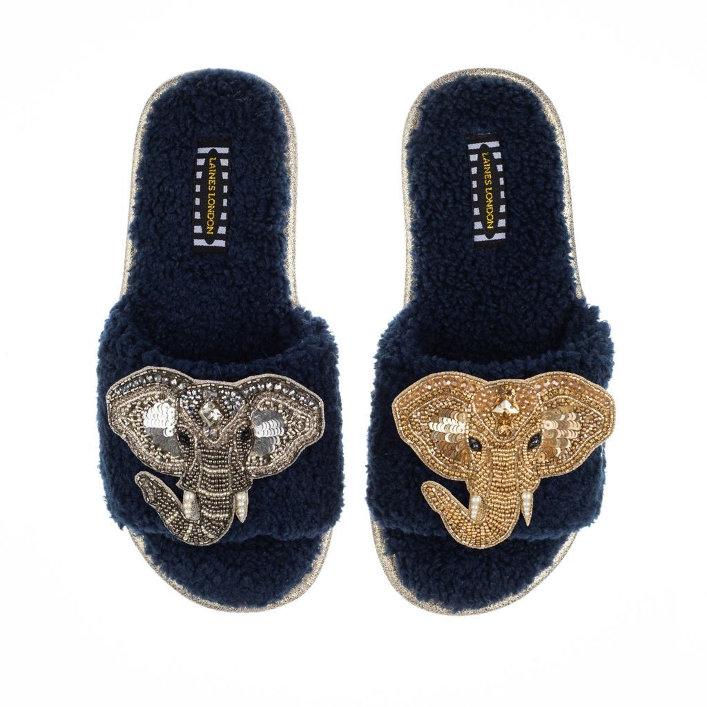Women's Blue Teddy Towelling Slipper Sliders With Gold & Silver Elephant Brooches - Navy Small LAINES LONDON