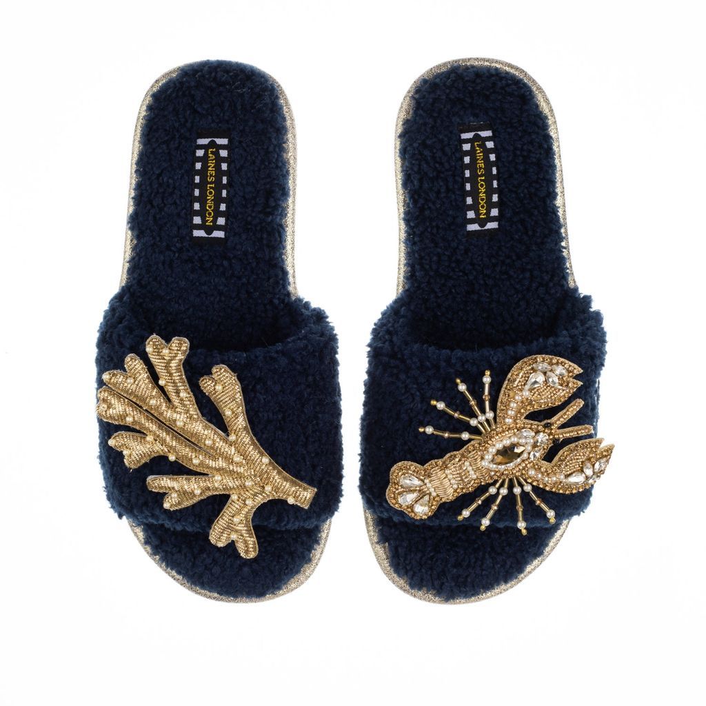 Women's Blue Teddy Towelling Slipper Sliders With Gold Pearl Lobster & Coral Brooches - Navy Small LAINES LONDON