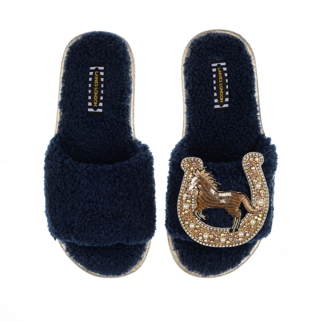 Women's Blue Teddy Towelling Slipper Sliders With Golden Horseshoe Brooch - Navy Small LAINES LONDON