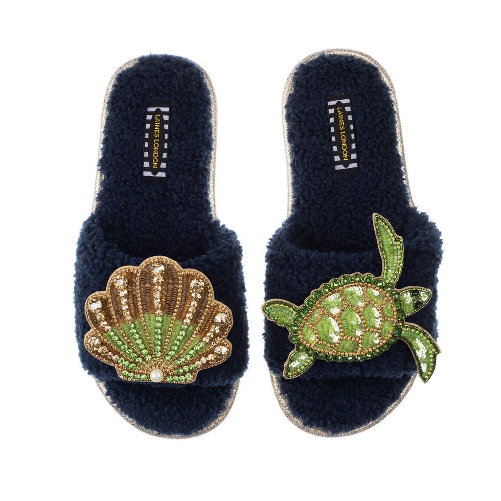 Women's Blue Teddy Towelling Slipper Sliders With Green Turtle & Green & Gold Shell - Navy Small LAINES LONDON