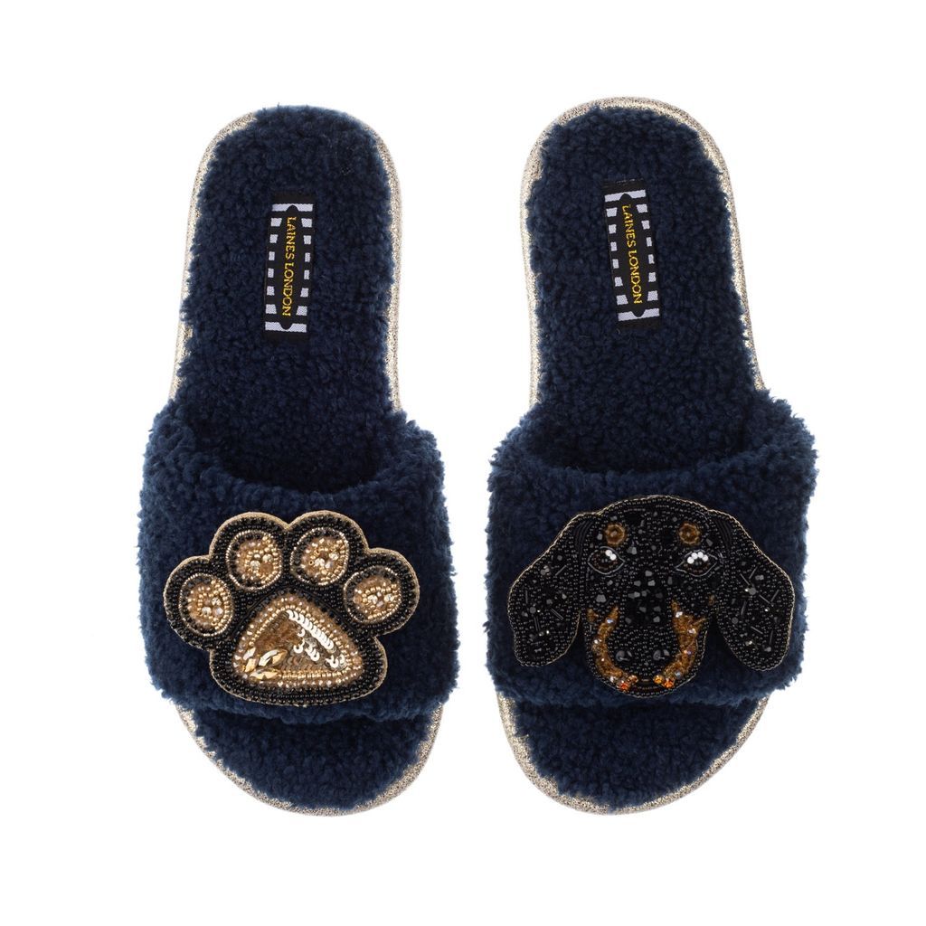 Women's Blue Teddy Towelling Slipper Sliders With Little Sausage & Paw Brooch - Navy Small LAINES LONDON