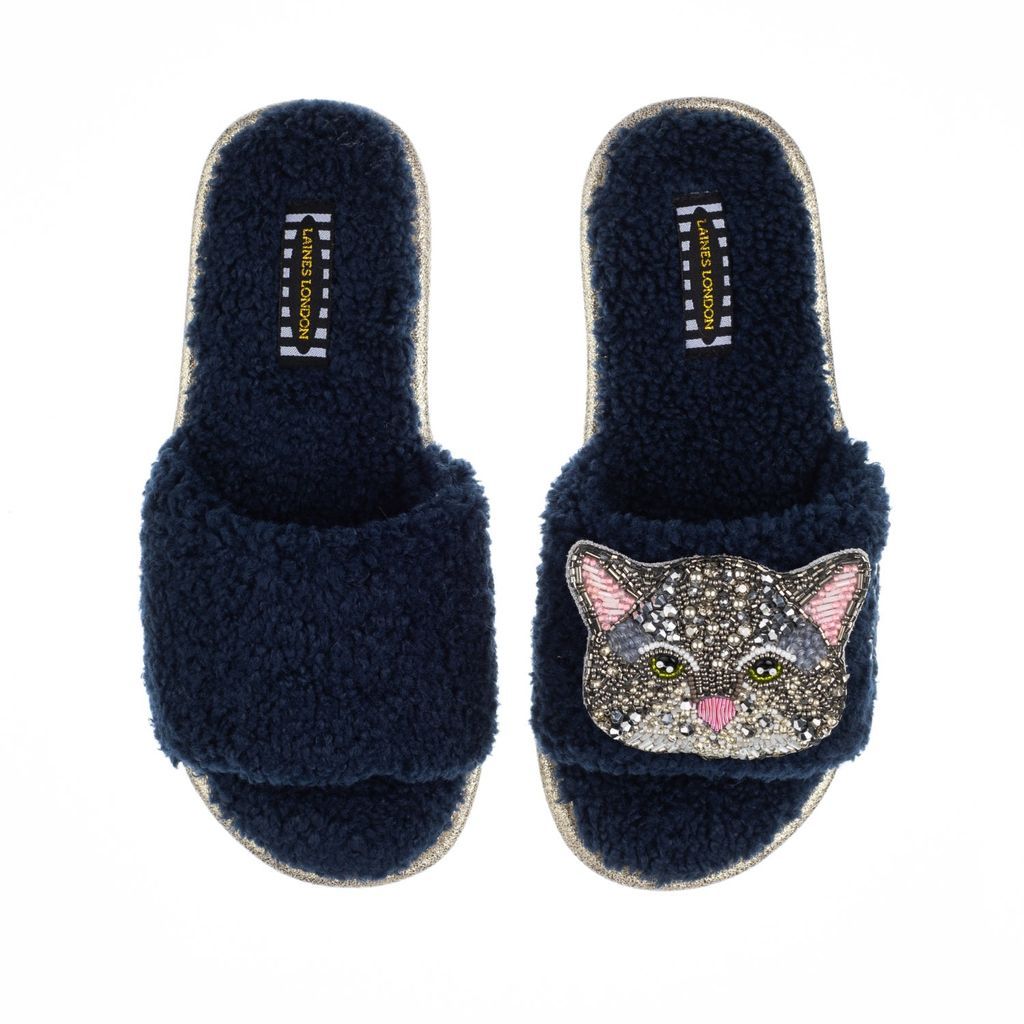Women's Blue Teddy Towelling Slipper Sliders With Luna Cat Brooch - Navy Small LAINES LONDON
