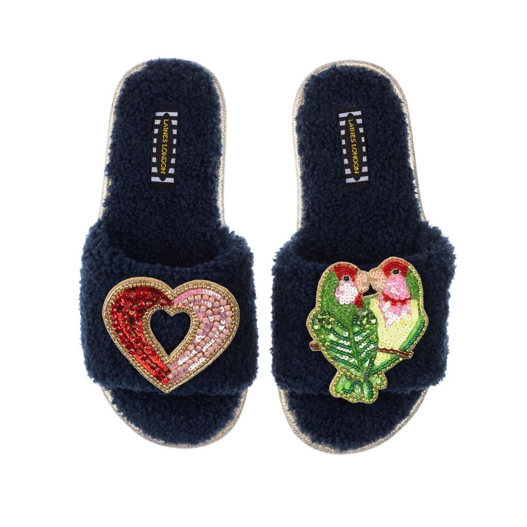 Women's Blue Teddy Towelling Slipper Sliders With Love Birds & Heart Brooches - Navy Small LAINES LONDON