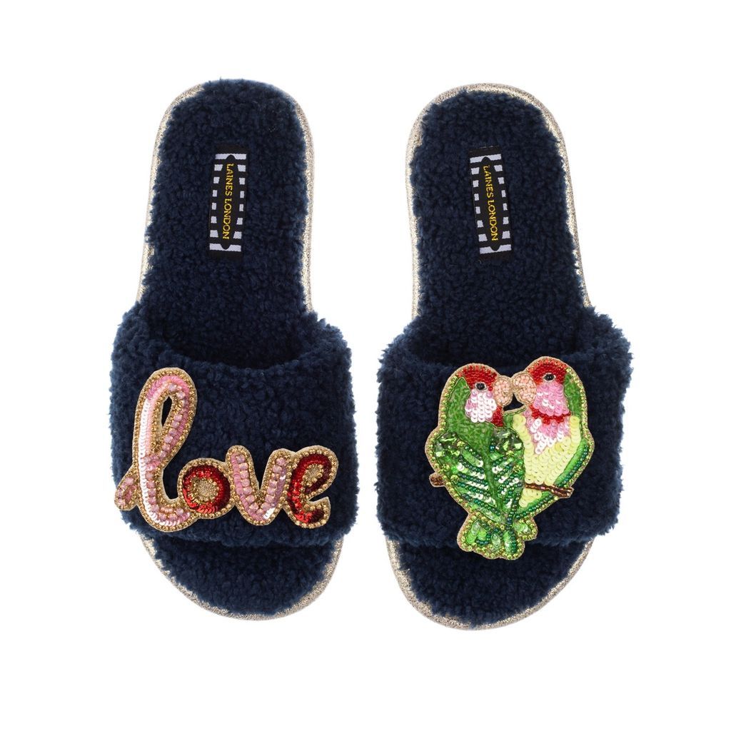 Women's Blue Teddy Towelling Slipper Sliders With Love Birds & Love Brooches - Navy Small LAINES LONDON