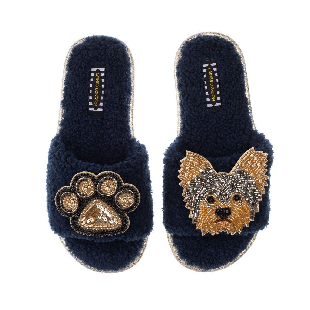 Women's Blue Teddy Towelling Slipper Sliders With Minnie Yorkie & Paw Brooches - Navy Small LAINES LONDON