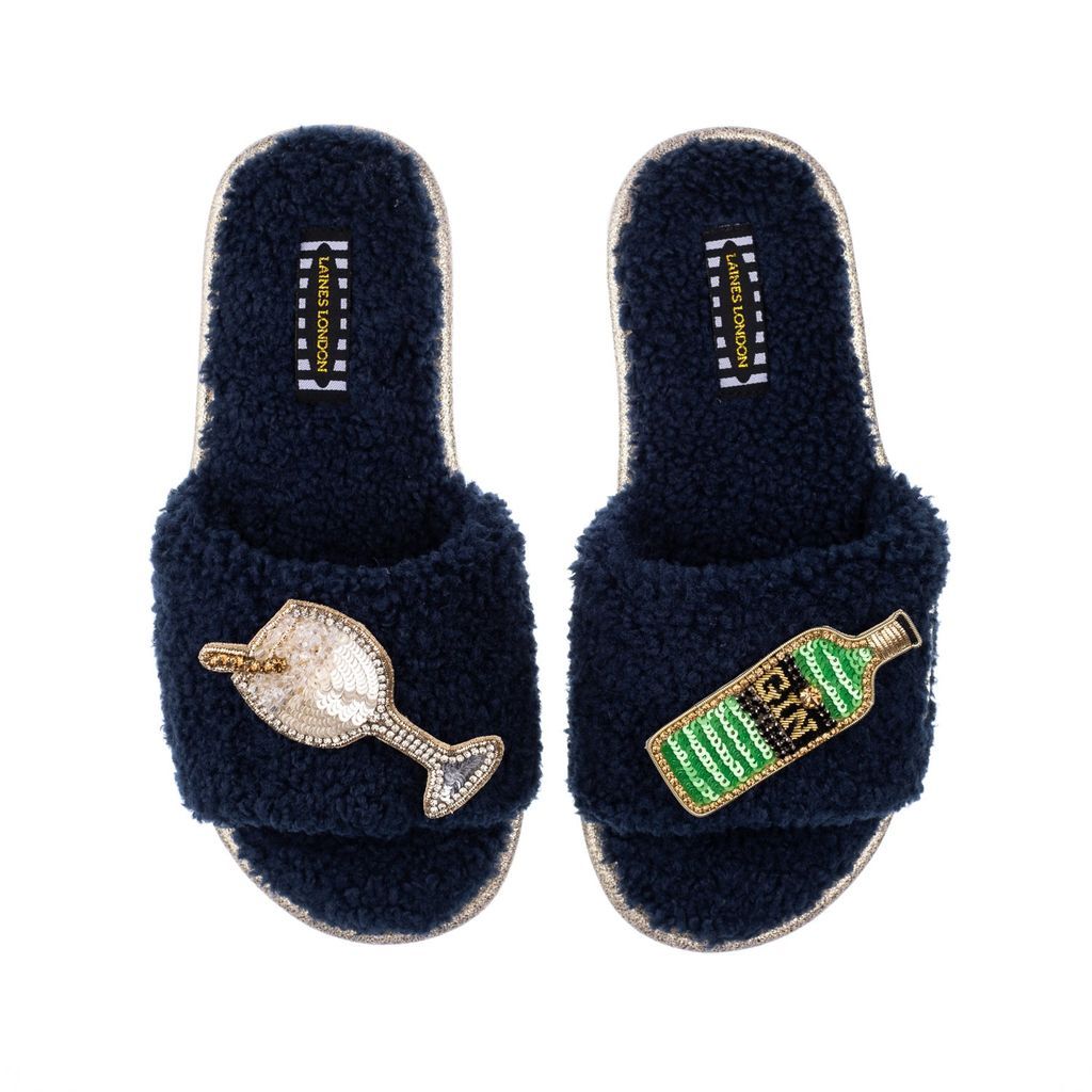 Women's Blue Teddy Towelling Slipper Sliders With Original Gin Brooches - Navy Small LAINES LONDON