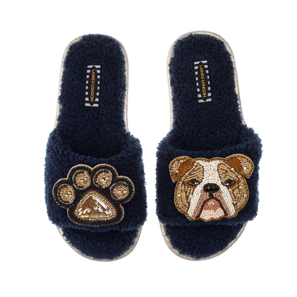 Women's Blue Teddy Towelling Slipper Sliders With Mr Beefy & Paw Brooch - Navy Small LAINES LONDON