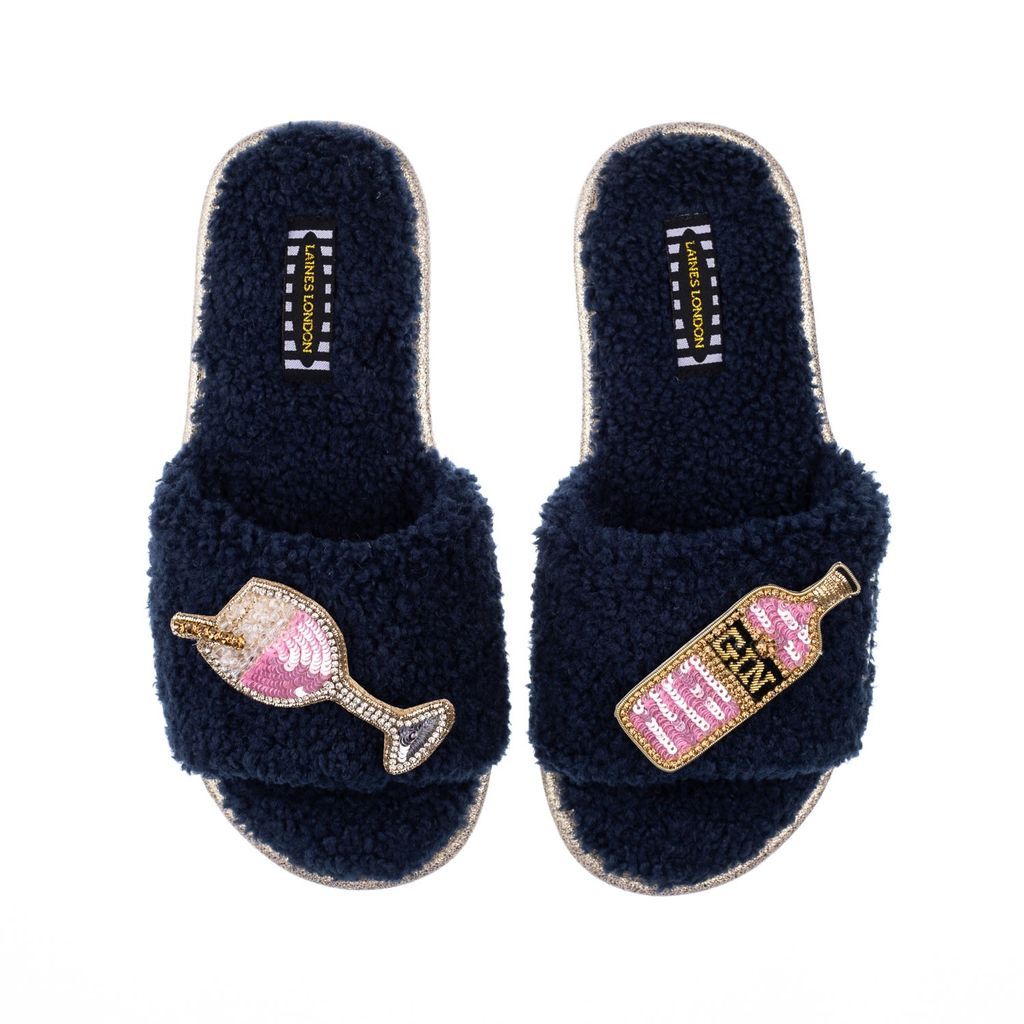 Women's Blue Teddy Towelling Slipper Sliders With Pink Gin Brooches - Navy Small LAINES LONDON