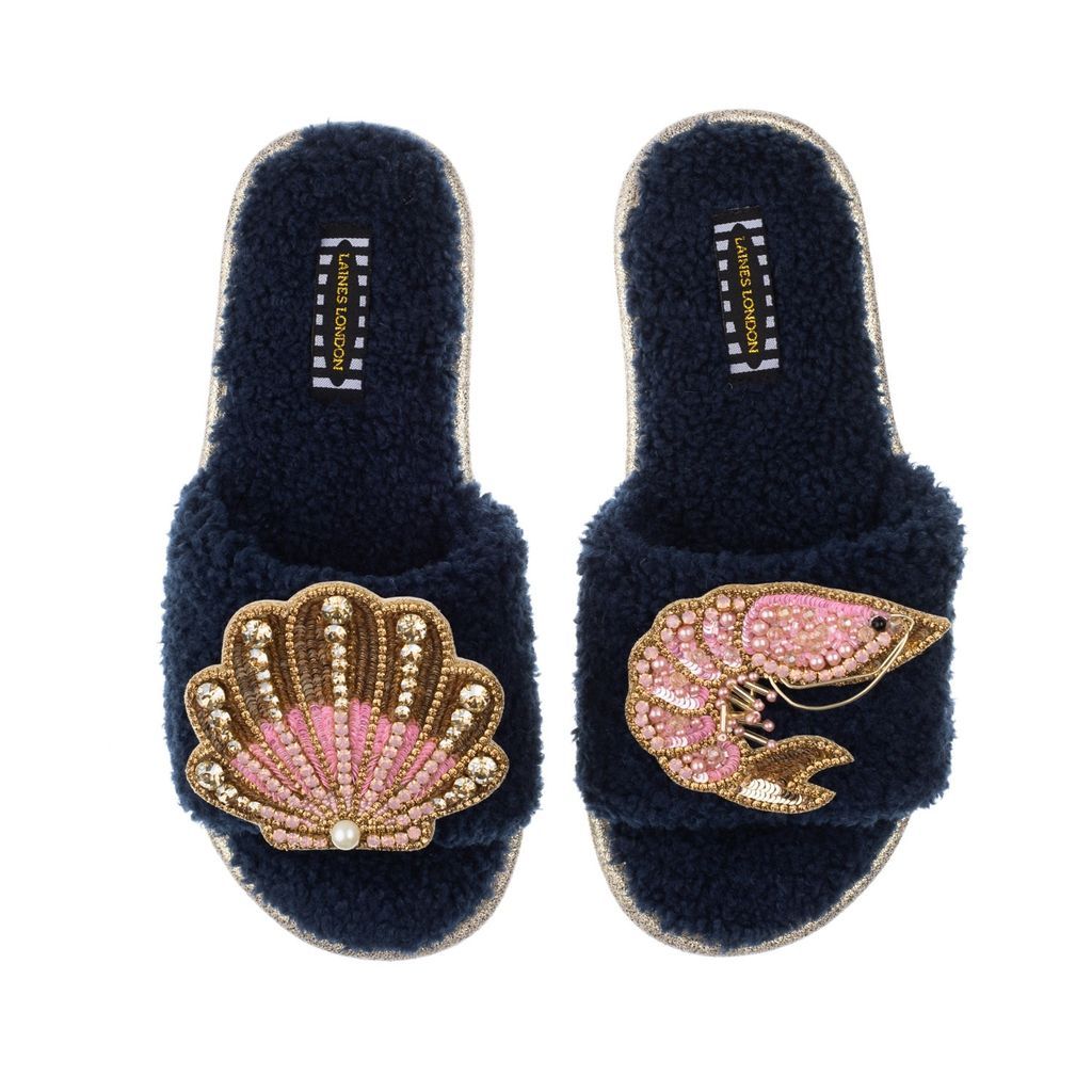 Women's Blue Teddy Towelling Slipper Sliders With Pink Prawn & Pink & Gold Shell - Navy Small LAINES LONDON