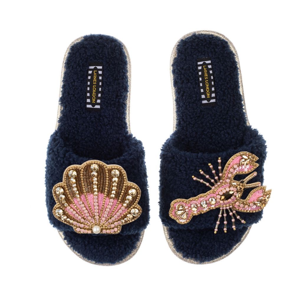 Women's Blue Teddy Towelling Slipper Sliders With Pink Lobster & Pink & Gold Shell Brooches - Navy Small LAINES LONDON