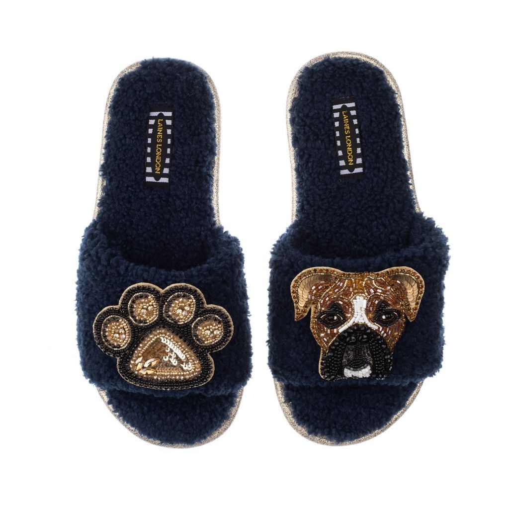 Women's Blue Teddy Towelling Slipper Sliders With Pip The Boxer & Paw Brooches - Navy Small LAINES LONDON