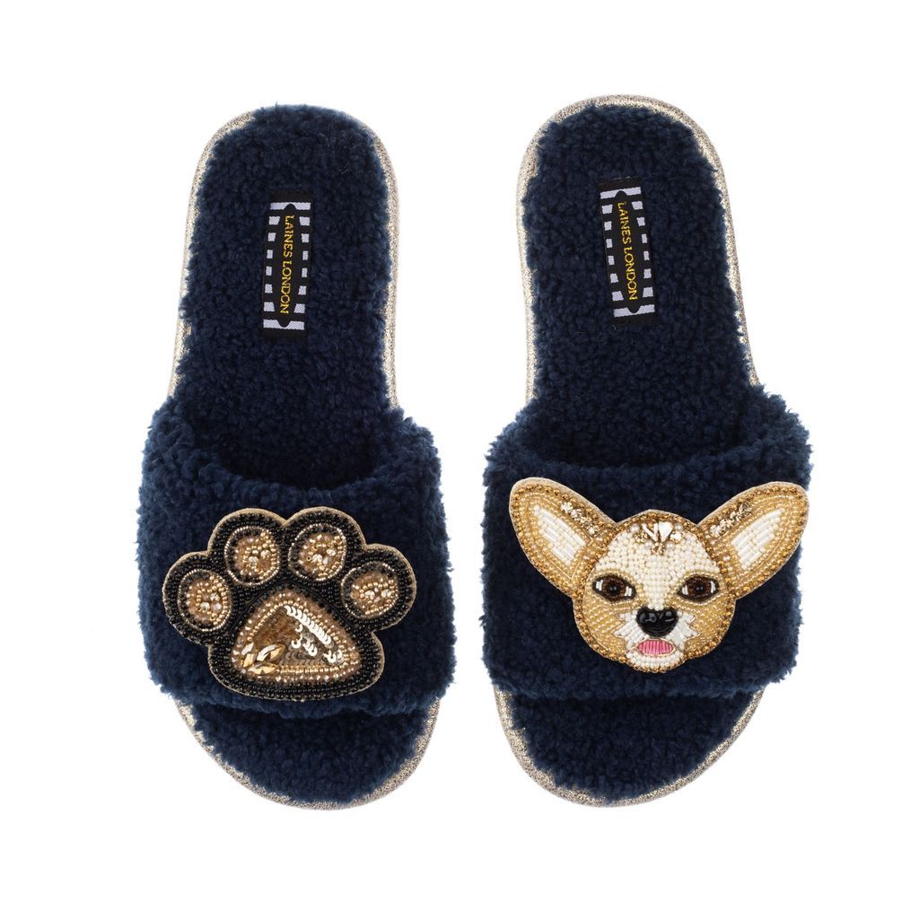 Women's Blue Teddy Towelling Slipper Sliders With Princess Chihuahua & Paw Brooch - Navy Small LAINES LONDON